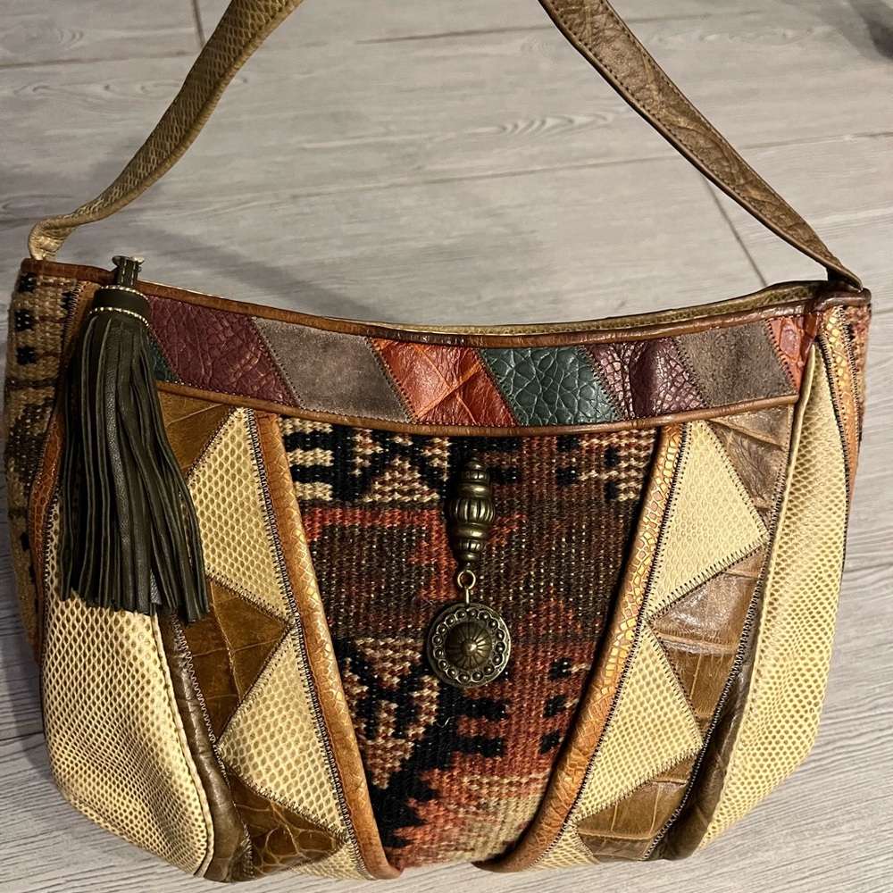Sharif multi carpet and leather Tan Patchwork Shoulder Bag with Eclectic Design